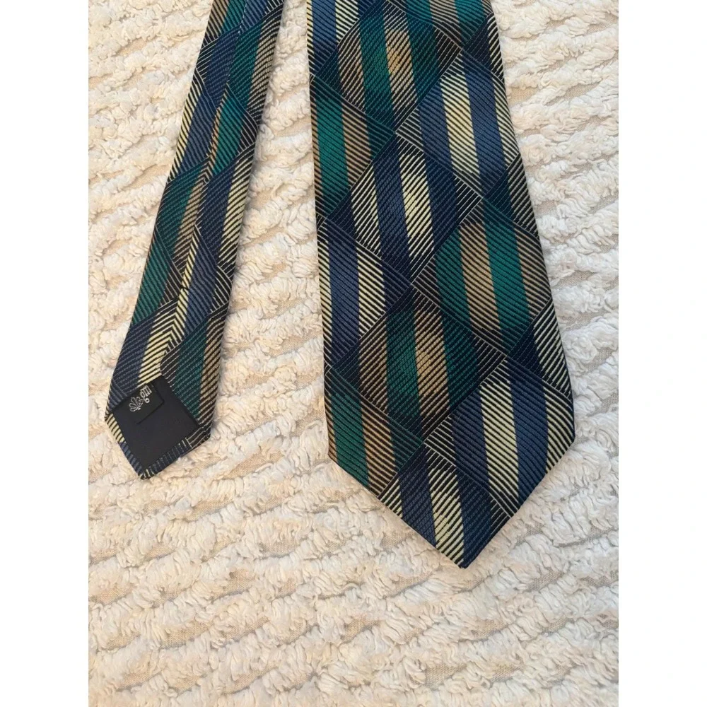 Molteni Gabriele Mens Silk‎ Tie Geometric Diamond Pattern Green Blue Gold Italy